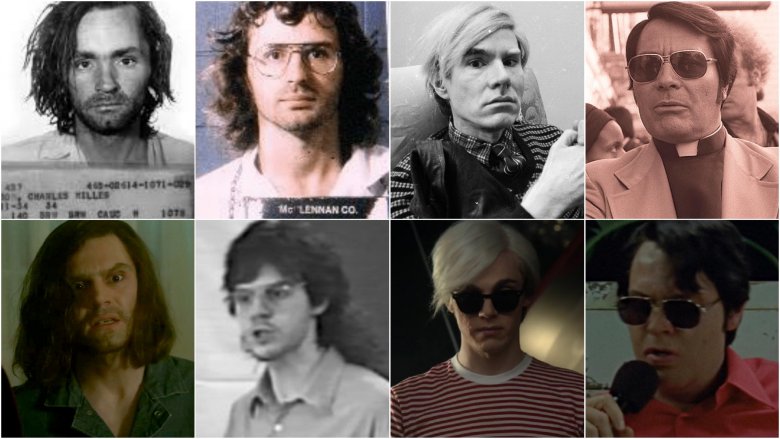 Composite of Evan Peters as Manson, Warhol, Jones and Koresh alongside pictures of the real people