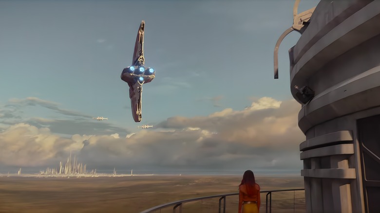 Ahsoka's spaceship flying over Sabine's tower