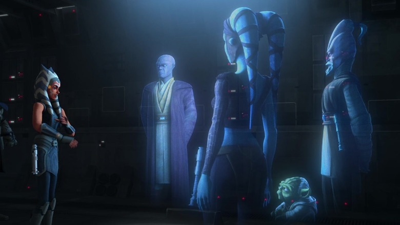 Ahsoka facing holographic Jedi