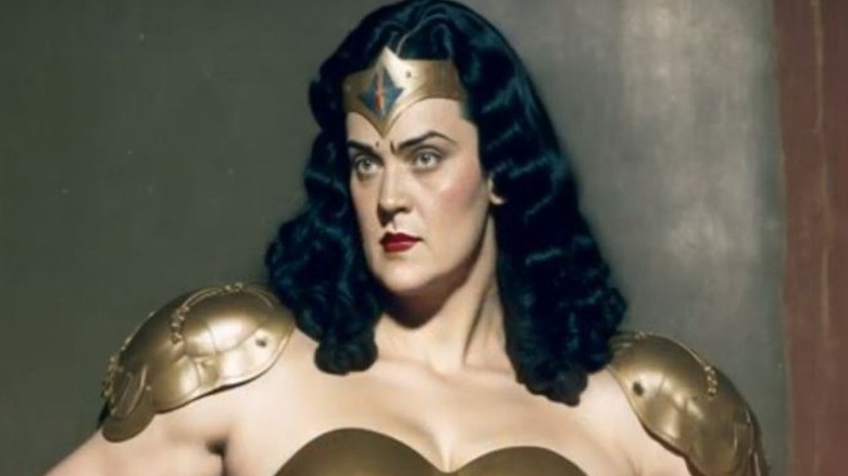 Wonder Woman wearing golden pauldrons