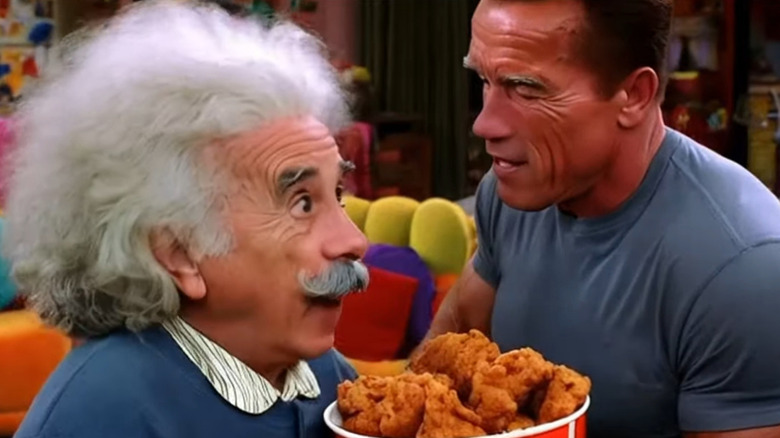 AI Albert Einstein and Arnold Schwarzenegger holding fried chicken bucket