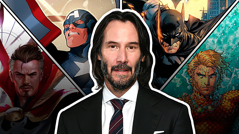 Keanu Reeves surrounded by superheroes