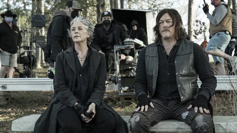 Melissa McBride and Norman Reedus taking a break on set of The Walking Dead