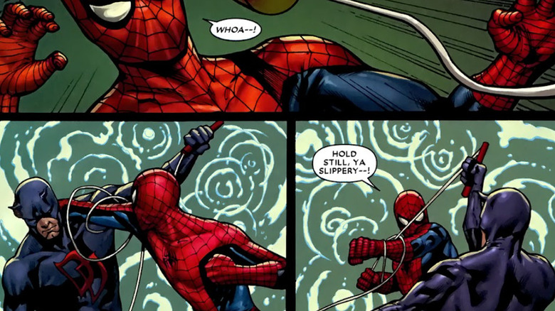 Daredevil dodging Spider-Man's attacks
