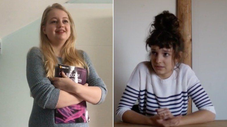 Split screen image of two actresses supposedly auditioning for the part of Gwen Stacy