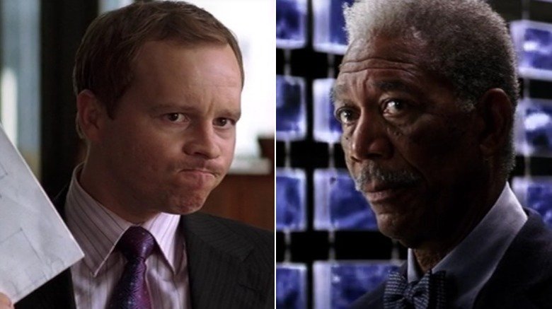 A split image of Joshua Harto as Reese and Morgan Freeman as Lucius Fox in 2008's The Dark Knight