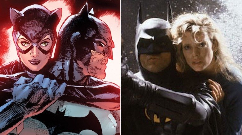 Split image of Catwoman and Batman from the comics and Michael Keaton as Batman and Kim Basinger as Vicki Vale in 1989's Batman