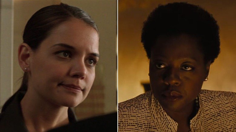 Split image of Katie Holmes as Rachel Dawes in 2005's Batman Begins and Viola Davis as Amanda Waller in 2016's Suicide Squad