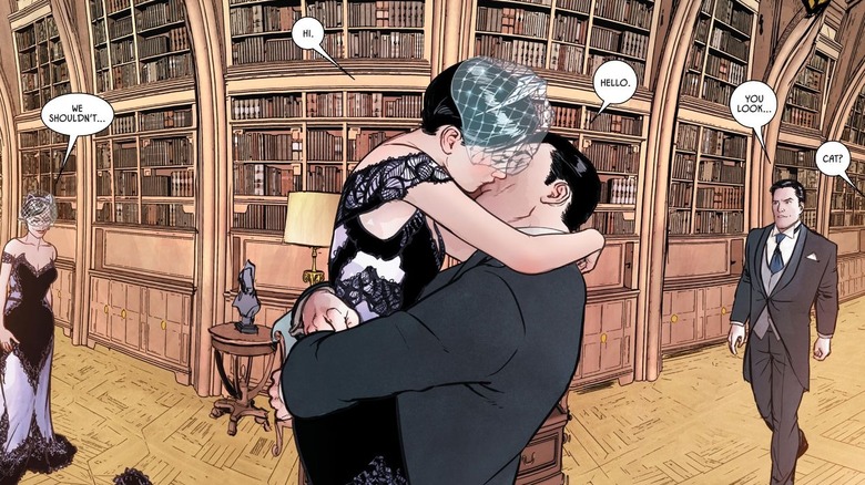 Bruce Wayne and Selina Kyle kissing