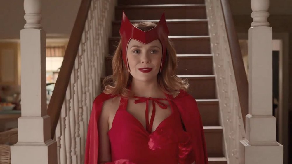 Wanda Maximoff (Elizabeth Olsen) dressed in an amusingly cheap version of her comics-canon costume