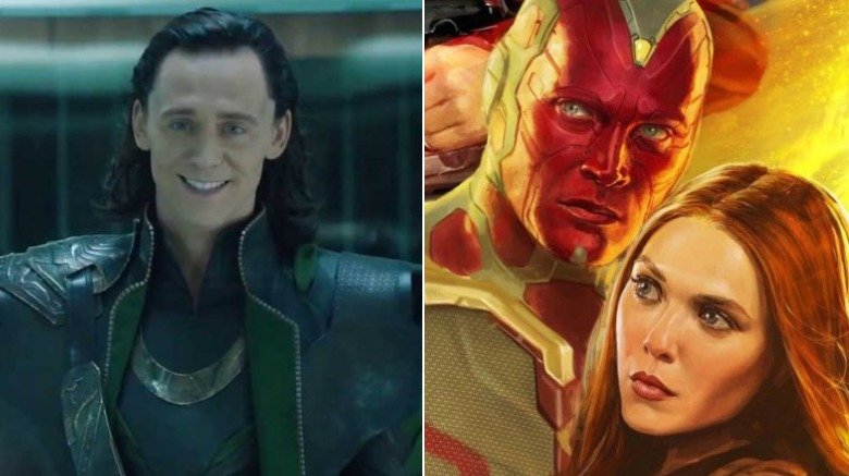 Split image of Tom Hiddleston as Loki in Avengers and Vision and Scarlet Witch in promotional art