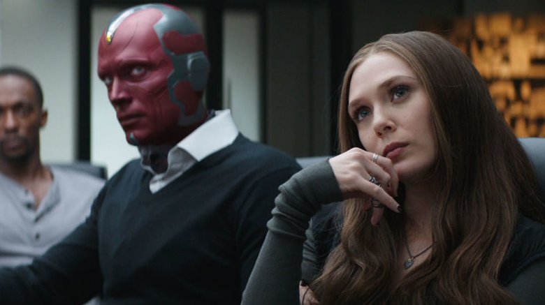 Paul Bettany as Vision and Elizabeth Olsen as Scarlet Witch in Captain America: Civil War