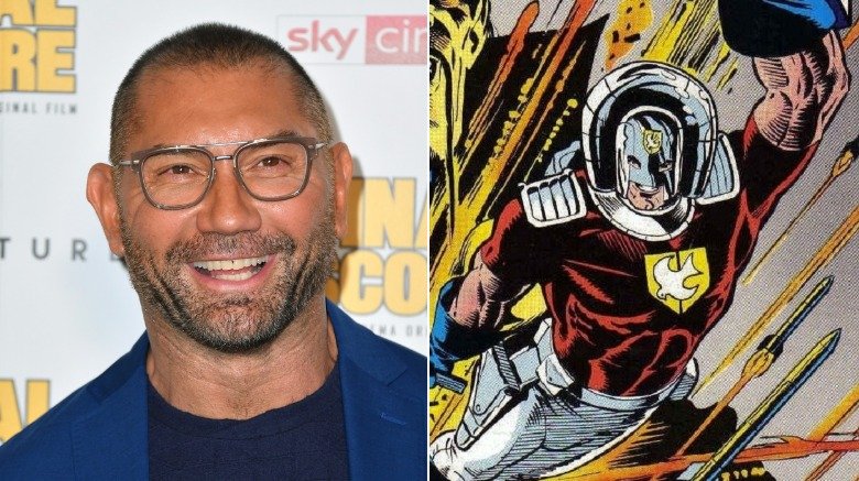 A split image of Dave Bautista at a press event and comic book art of DC's Peacemaker
