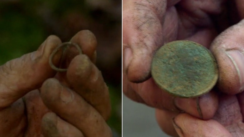 Hands holding ring and coin