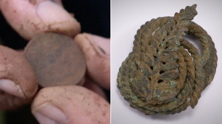 Coin and brooch are displayed