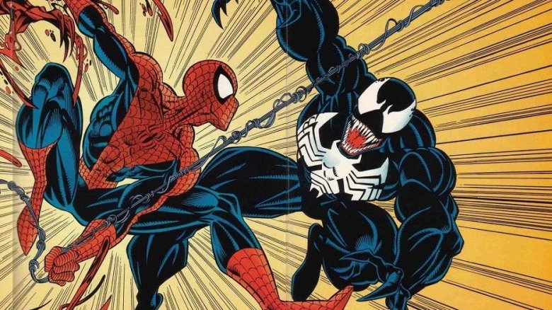 Spider-Man and Venom fighting in the comics