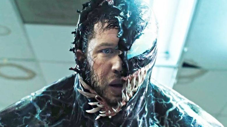 Half Eddie face, half Venom face in the film Venom