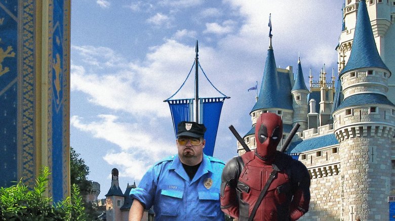 Deadpool escorted out of Disneyland by a security guard