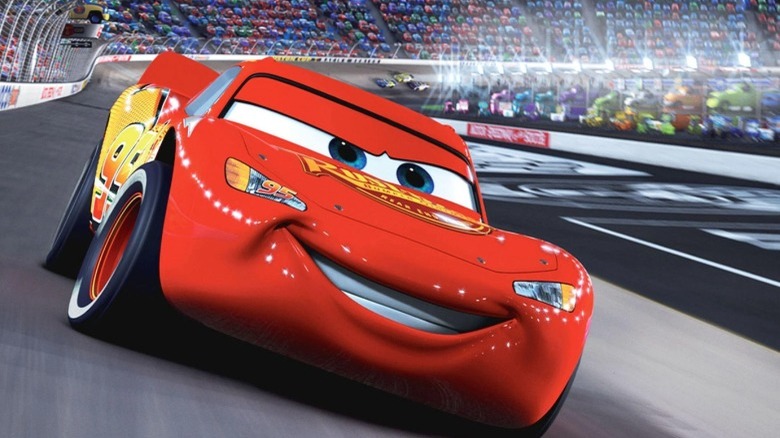 Lightning McQueen racing around a track