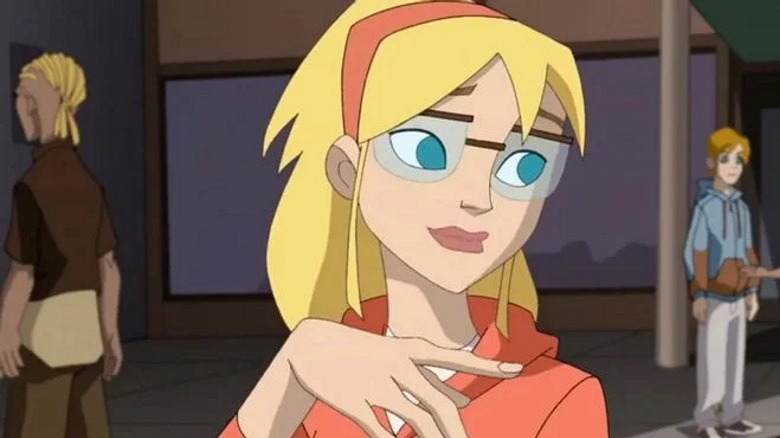 Gwen Stacy in glasses and an orange hoodie