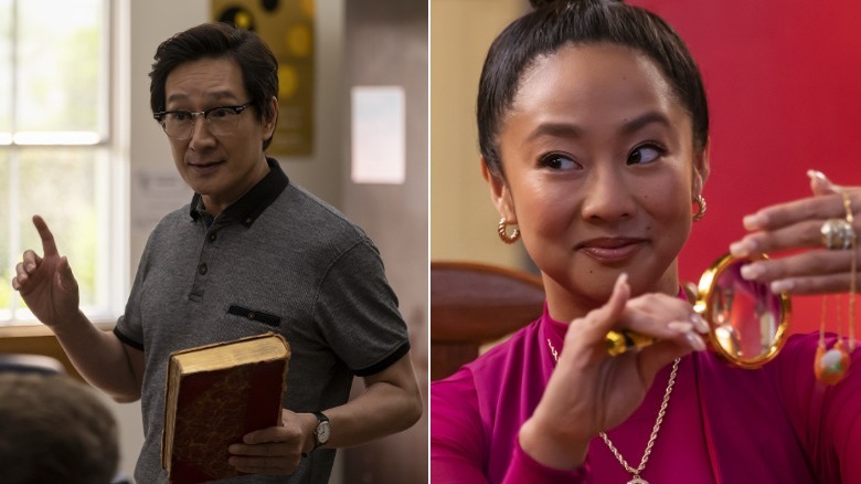 Side-by-side photos of Wong's other alias holding a book and Shiji holding a magnifying class