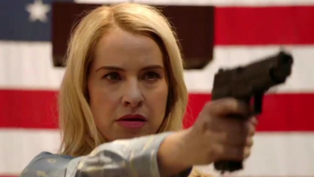 American Horror Story Lily Rabe with a gun Cult Mass Shooting scene