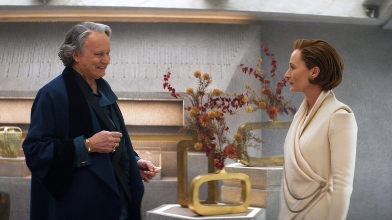 Stellan Skarsgård and Genevieve O'Reilly talking in Andor