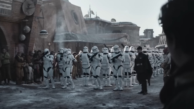 A platoon of Stormtroopers led by an ISB agent on Star Wars Andor