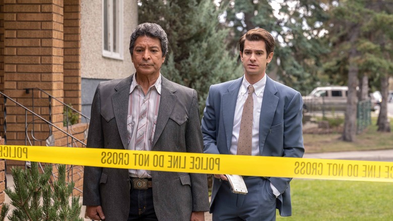 Gil Birmingham and Andrew Garfield investigating in "Under the Banner of Heaven"