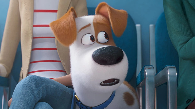 Max sitting with his owner in The Secret Life of Pets 2