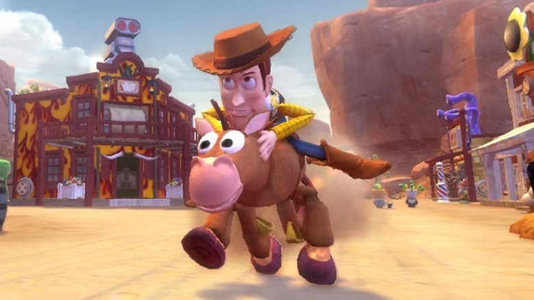 Woody riding Bullseye in the Toy Story 3 video game
