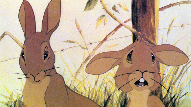 Rabbits from "Watership Down" looking scared