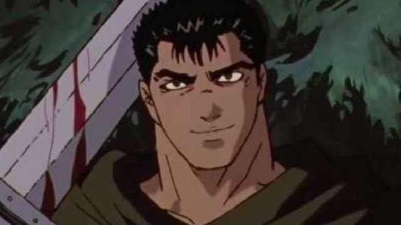 Guts carrying bloody sword, smiling