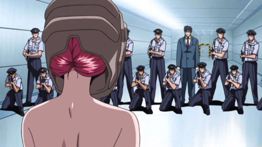 Lucy, Kurama, and many armed guards in "Elfen Lied"