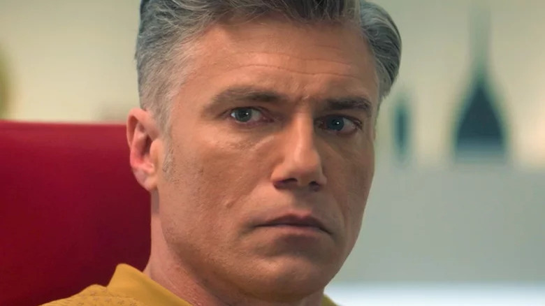 Captain Pike staring in Strange New Worlds