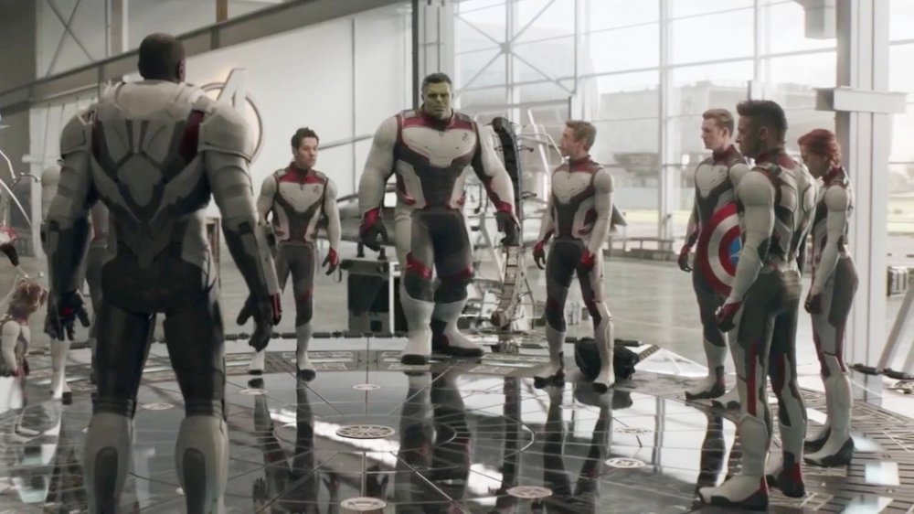 Don Cheadle, Paul Rudd, Mark Ruffalo, Robert Downey, Jr., Chris Evans, Jeremy Renner, and Scarlett Johannson in Avengers: Endgame