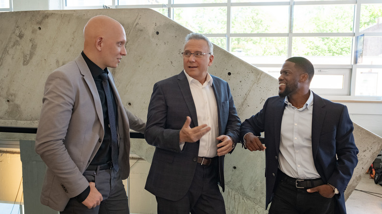 Anthony Carrigan, Paul Reiser and Kevin Hart on the set of "Fatherhood"