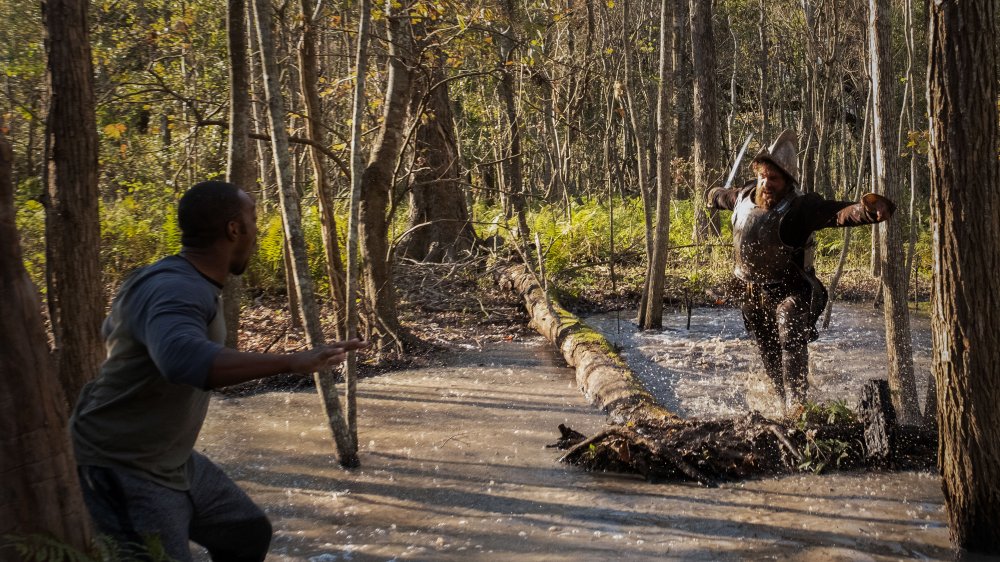 Anthony Mackie as Steve Denube fights a Viking in Synchronic