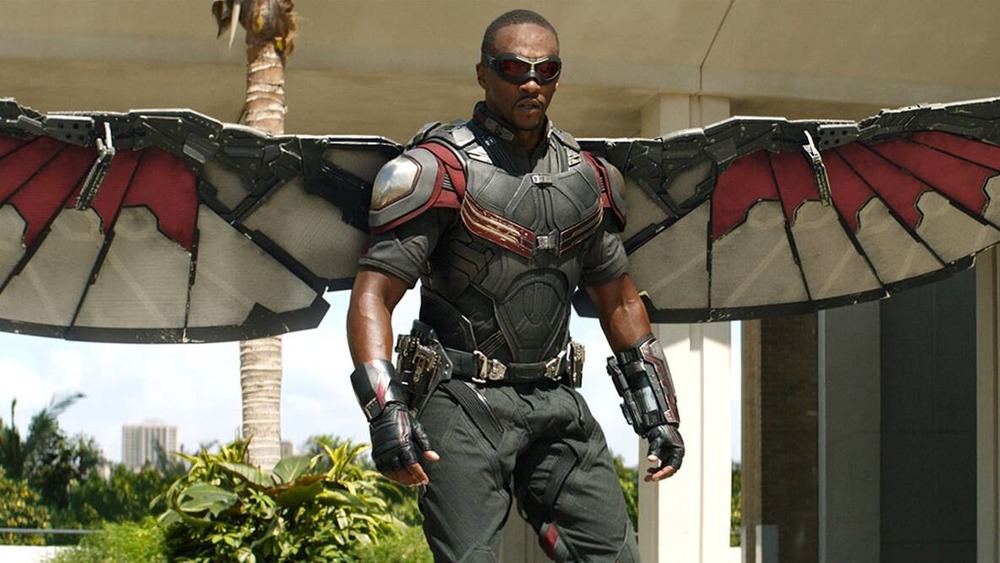 Anthony Mackie Sam Wilson in Falcon suit spread wings