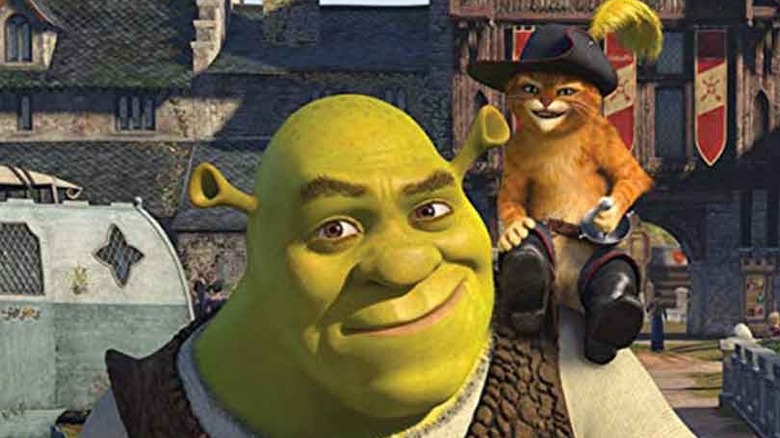 Mike Myers and Antonio Banderas happy as Shrek and Puss in Boots