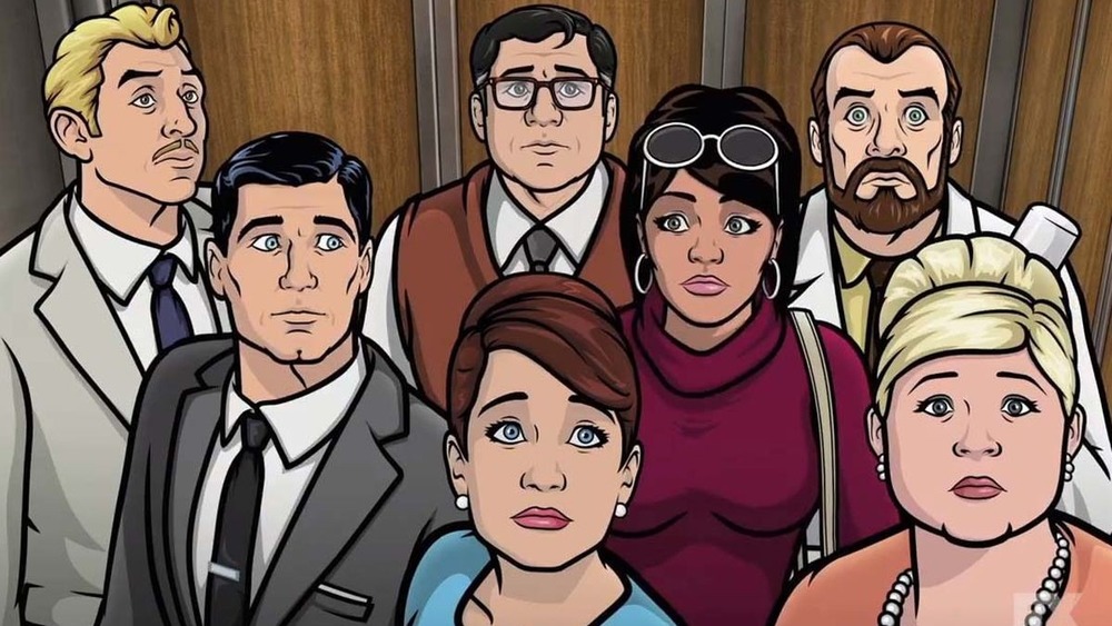 Most of Archer's cast on an elevator