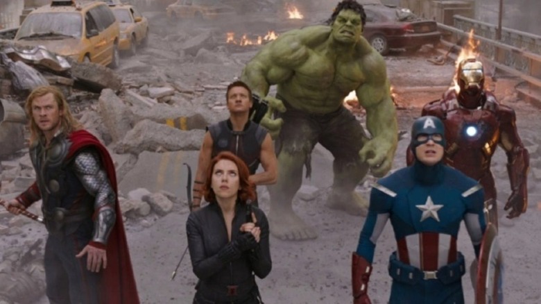 The Avengers looking up