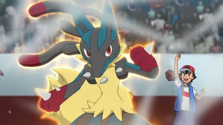 Ash cheering on his Mega Lucario