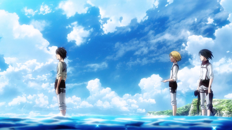 Eren, Mikasa, and Armin stare across the ocean