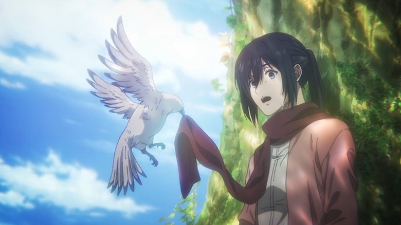 Eren dove puts scarf on Mikasa