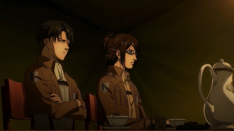 Levi and Hange drinking tea