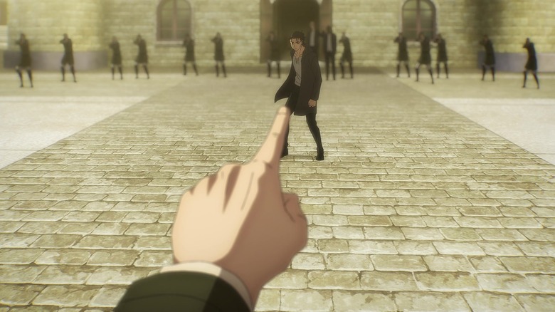 Pieck pointing at the "enemy" Eren 