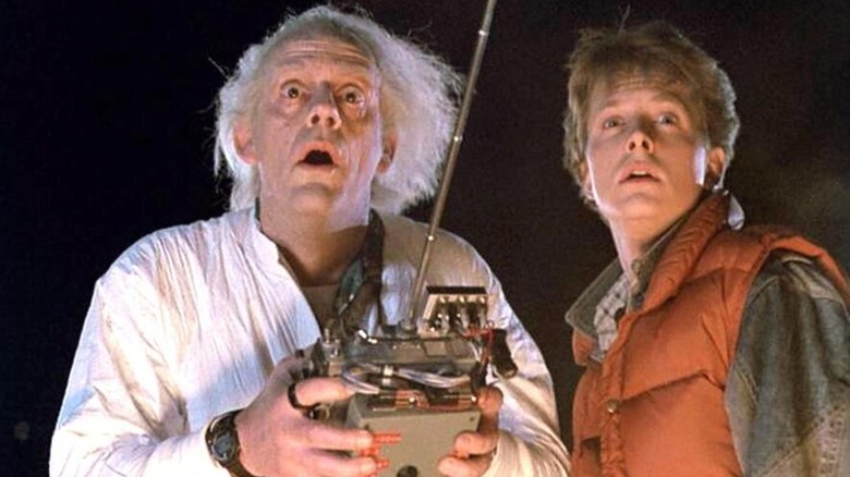 Christopher Lloyd and Michael J. Fox looking shocked in Back to the Future