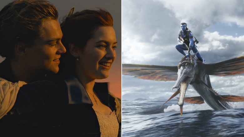 Leonardo DiCaprio and Kate Winslet on Titanic in Titanic and Jake Sully on flying alien in The Way of Water