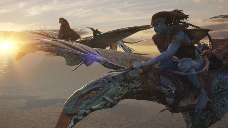 Jake Sully and Neytiri riding banshees